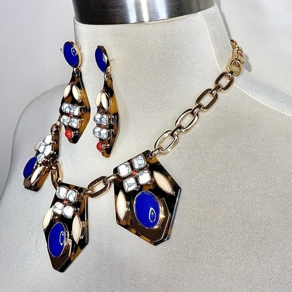 J.Crew Tibetan Tortoiseshell Statement Necklace + NWT Earrings - Picture 4 of 13